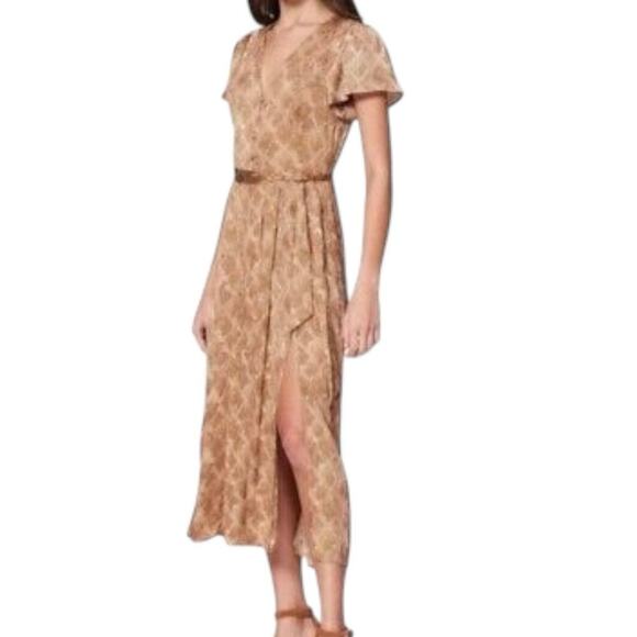 Paige Alayna Snakeskin Print Midi Dress in Bronze Size Small NWOT Belted Satin - Picture 2 of 16